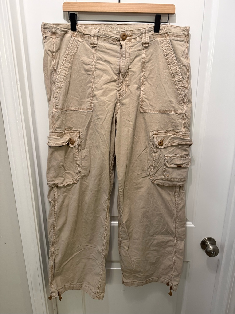 American Eagle Outfitters Light Beige Wide-Leg Cargo Jumpsuit Pants